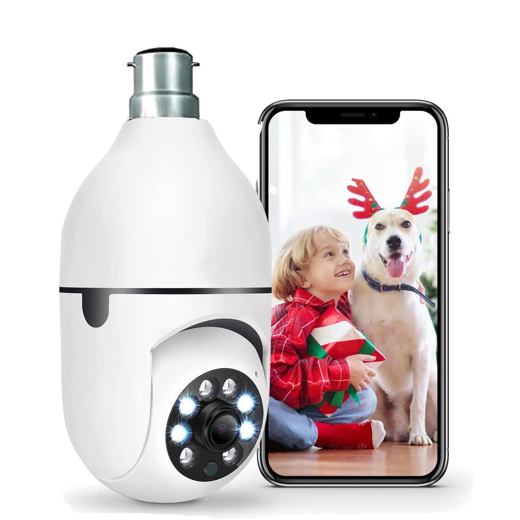 Smart WiFi bulb camera with 360° view, night vision and mobile app support for complete home security. Easy bulb installation.