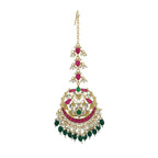 Decorative earring with gold, green, and red elements on a white background


