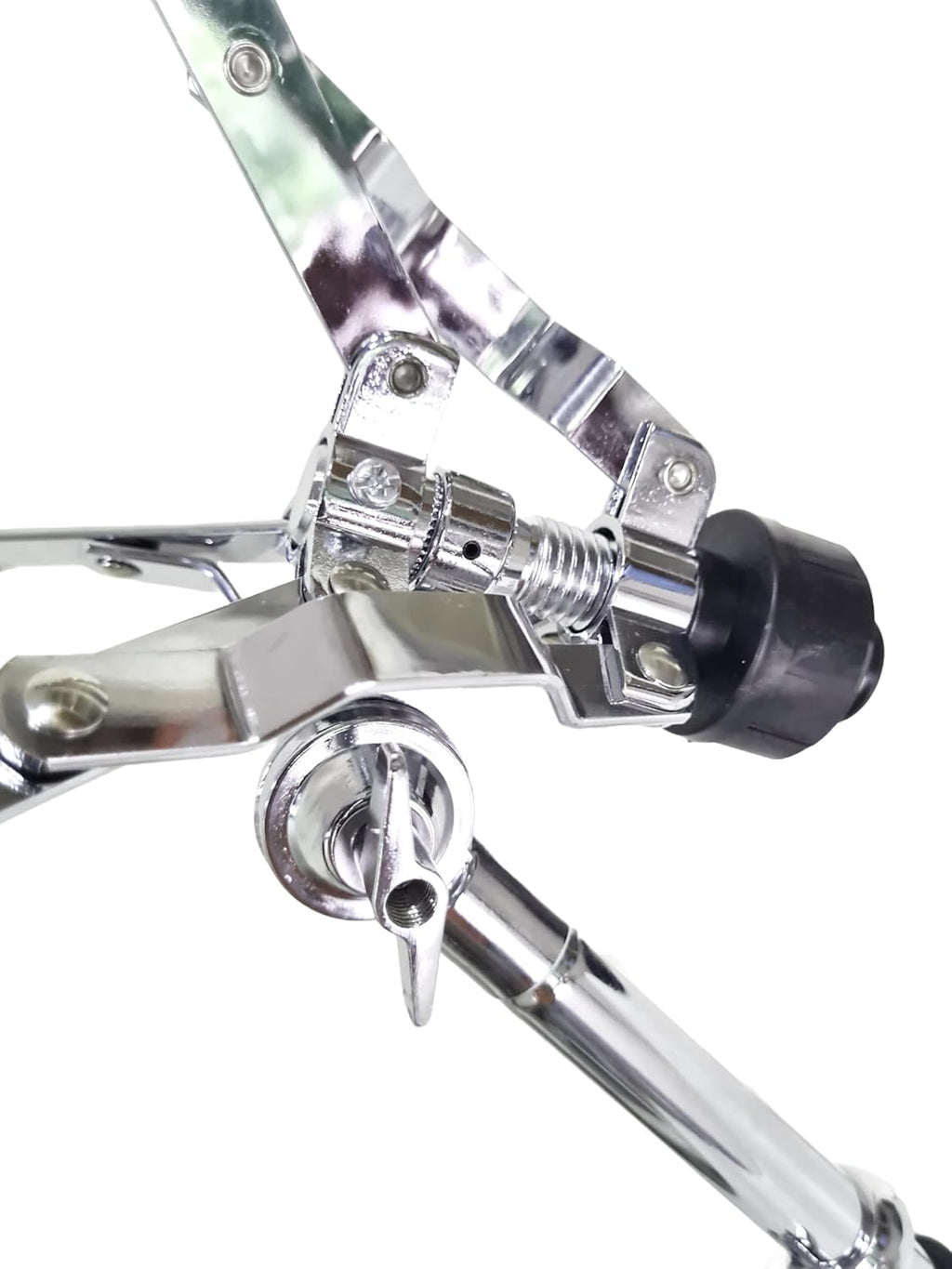 Close-up of a metal tripod head on a white background