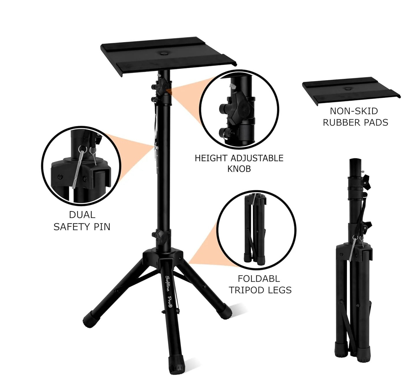 Softline Pro Heavy Duty Tripod Studio Monitor Stand Adjustable Height Foldable Tripod Legs Non-Slip Rubber Pads Foldable Monitor Speaker Stands - Pair