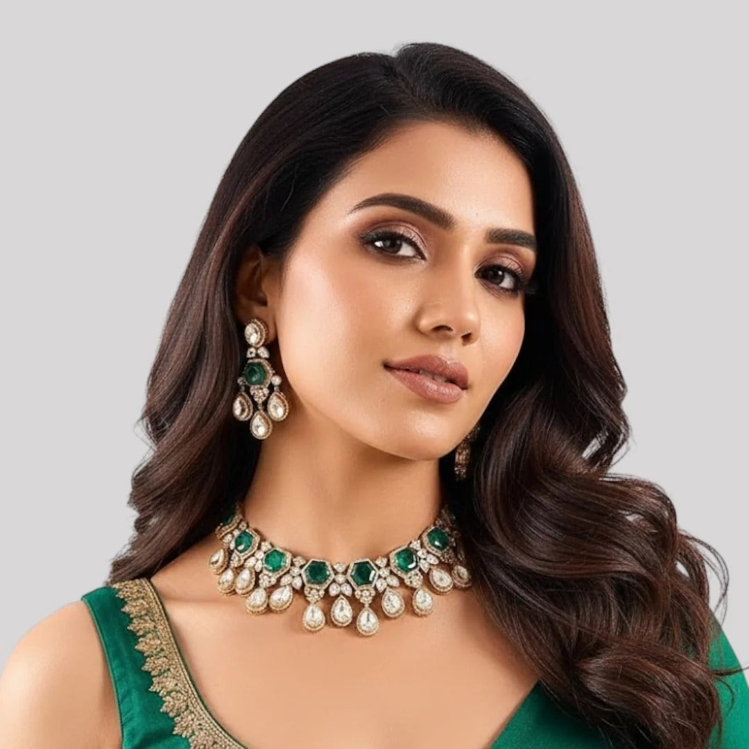 Woman wearing green jewelry against a gray background

