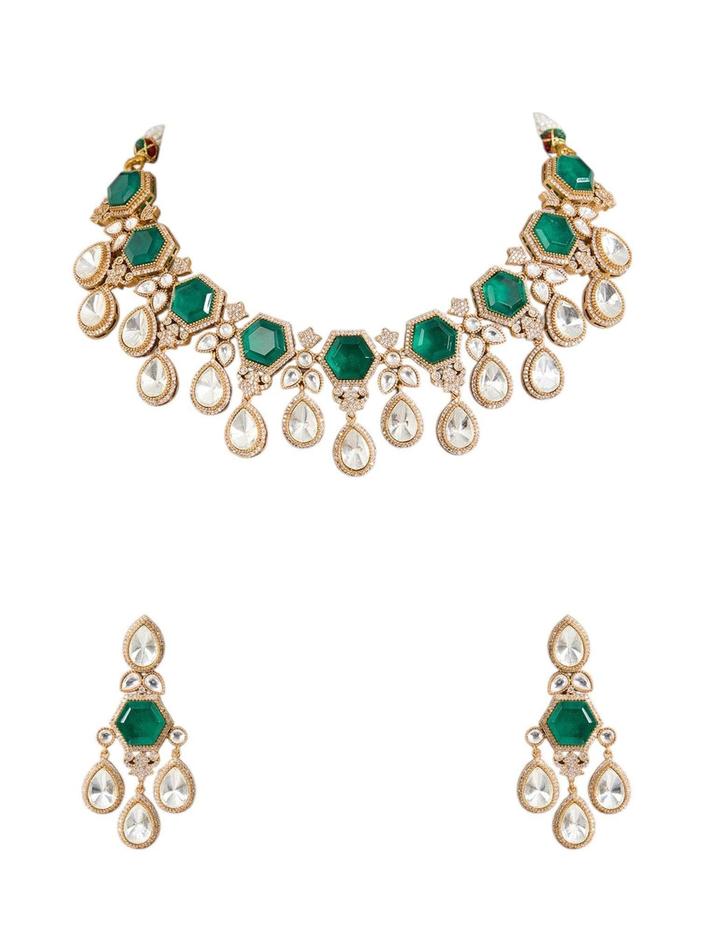 Jewelry set with necklace and earrings featuring green gemstones on a white background

