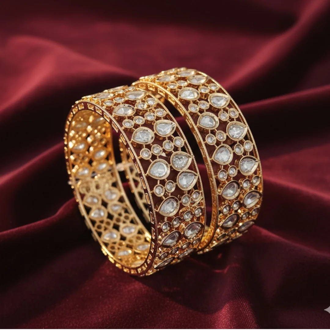 Auraa Kundan gold-plated Kundan Polki Gold-Plated Wide Bangles for Women