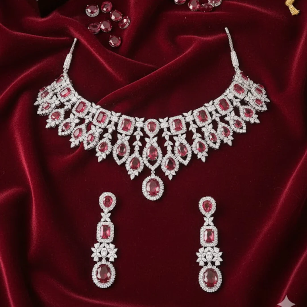 Auraa Kunad Luxury Silver-Plated Choker Necklace Set with Ruby Red Stones