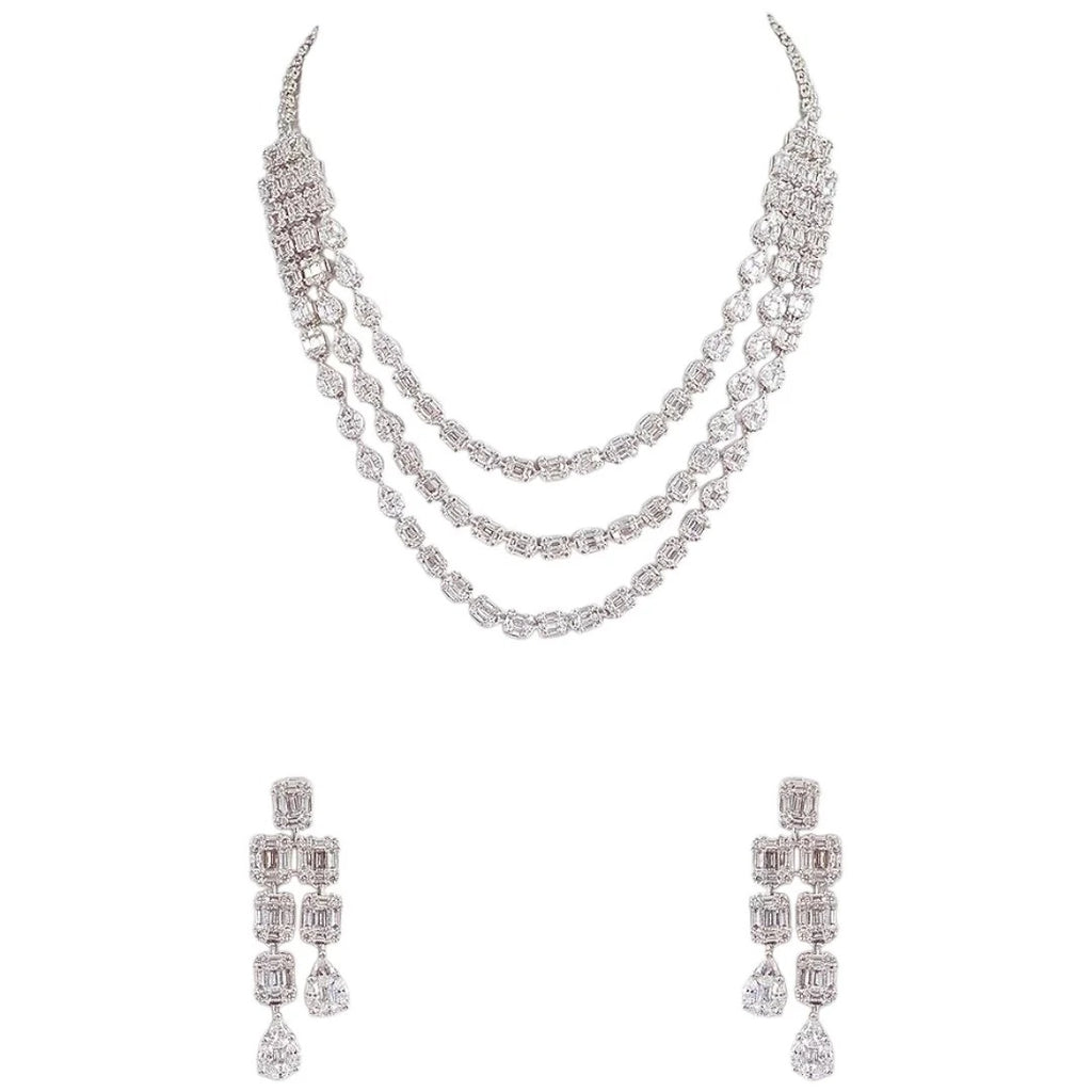 Elegant Silver-Tone Layered Diamond Necklace Set with Drop Earrings for Women