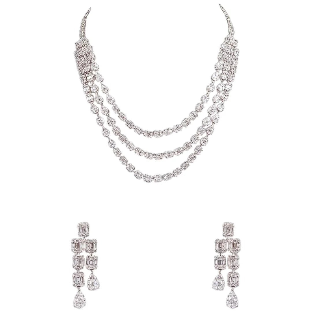 Elegant Silver-Tone Layered Diamond Necklace Set with Drop Earrings for Women