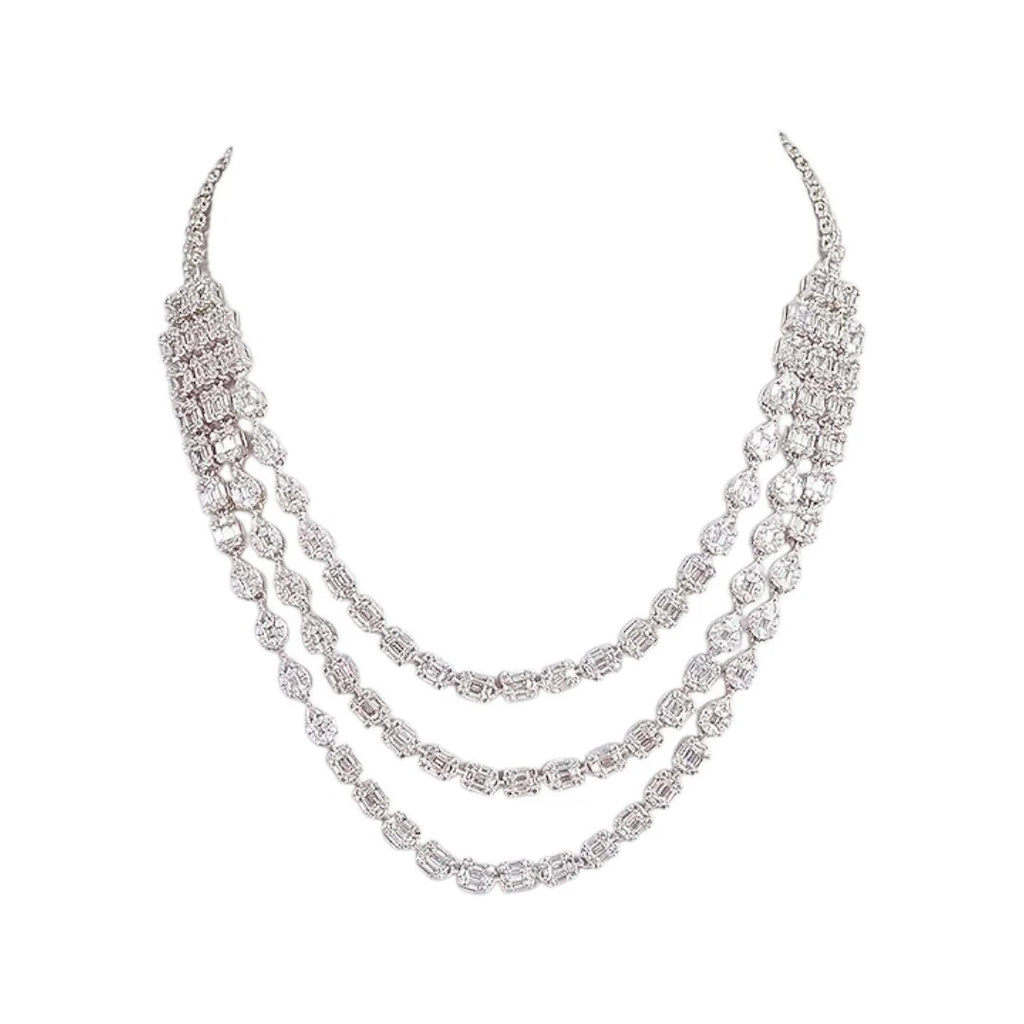 Elegant Silver-Tone Layered Diamond Necklace Set with Drop Earrings for Women