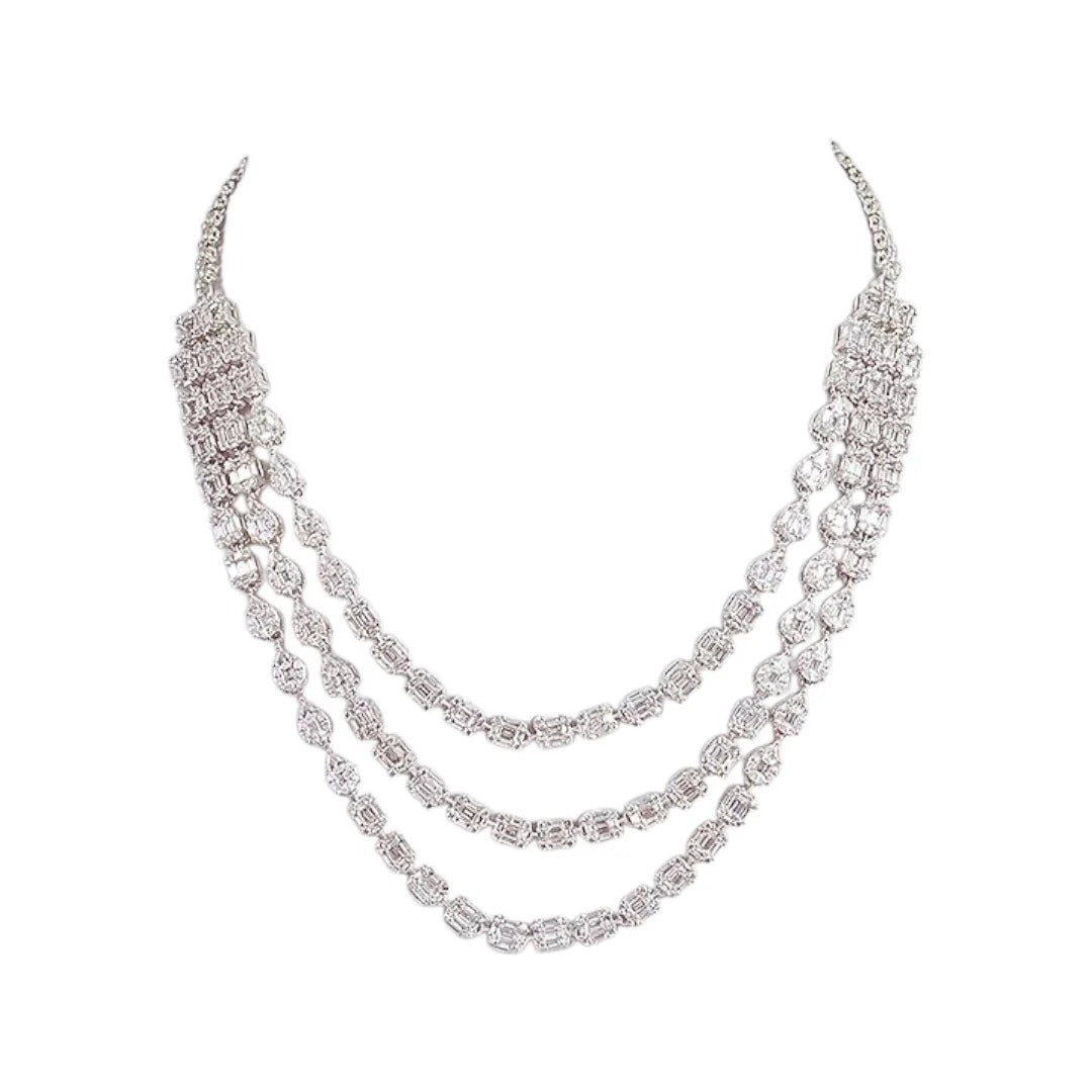 Elegant Silver-Tone Layered Diamond Necklace Set with Drop Earrings for Women