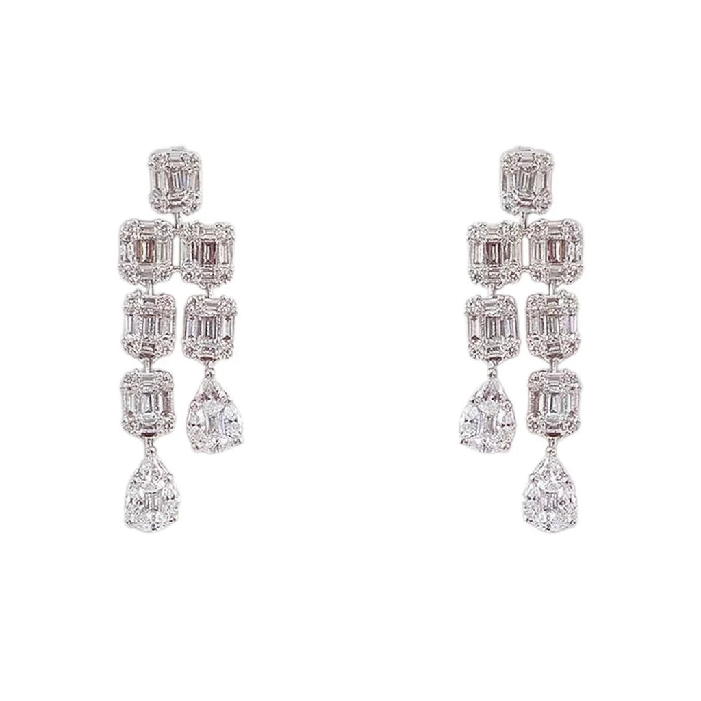 Elegant Silver-Tone Layered Diamond Necklace Set with Drop Earrings for Women