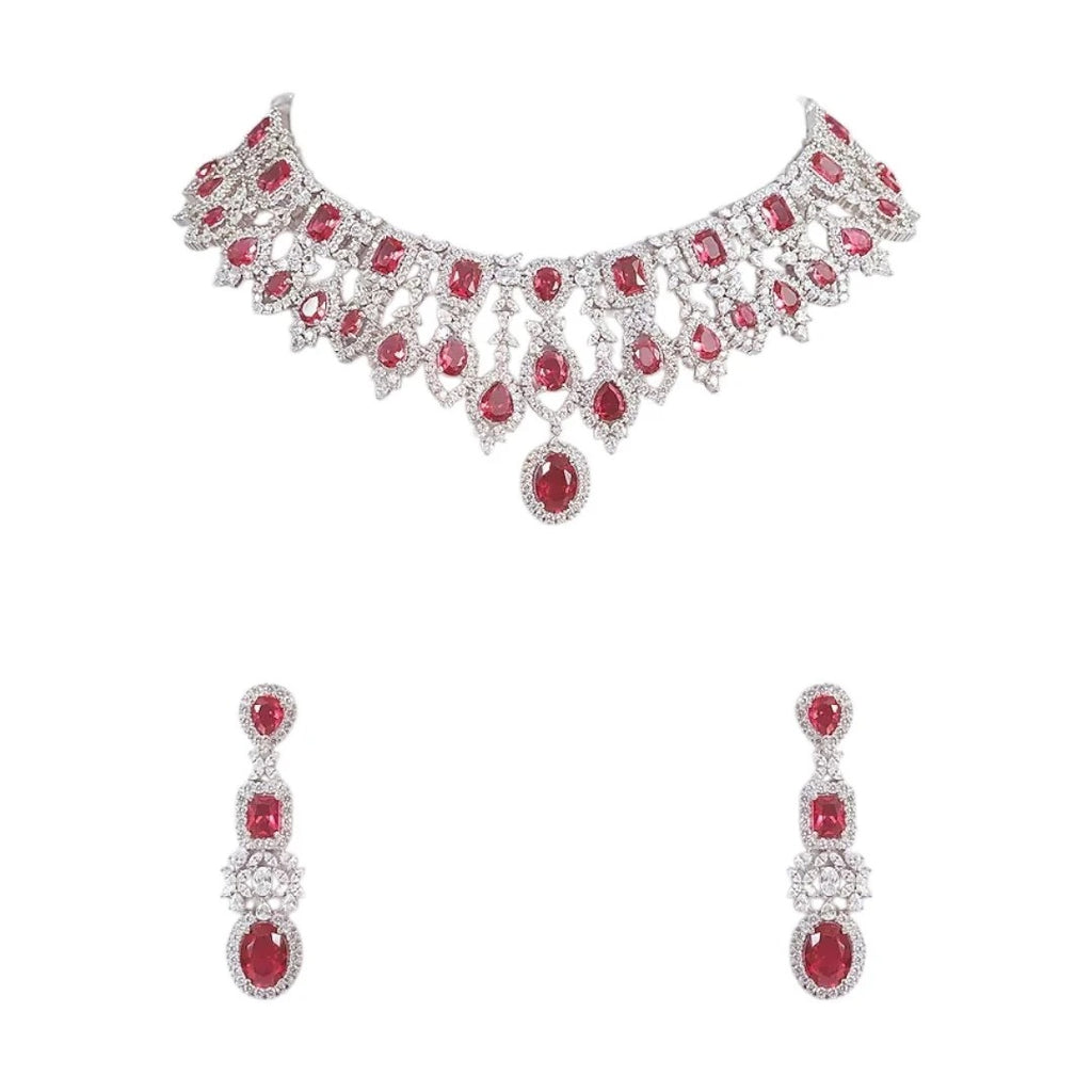 Auraa Kunad Luxury Silver-Plated Choker Necklace Set with Ruby Red Stones