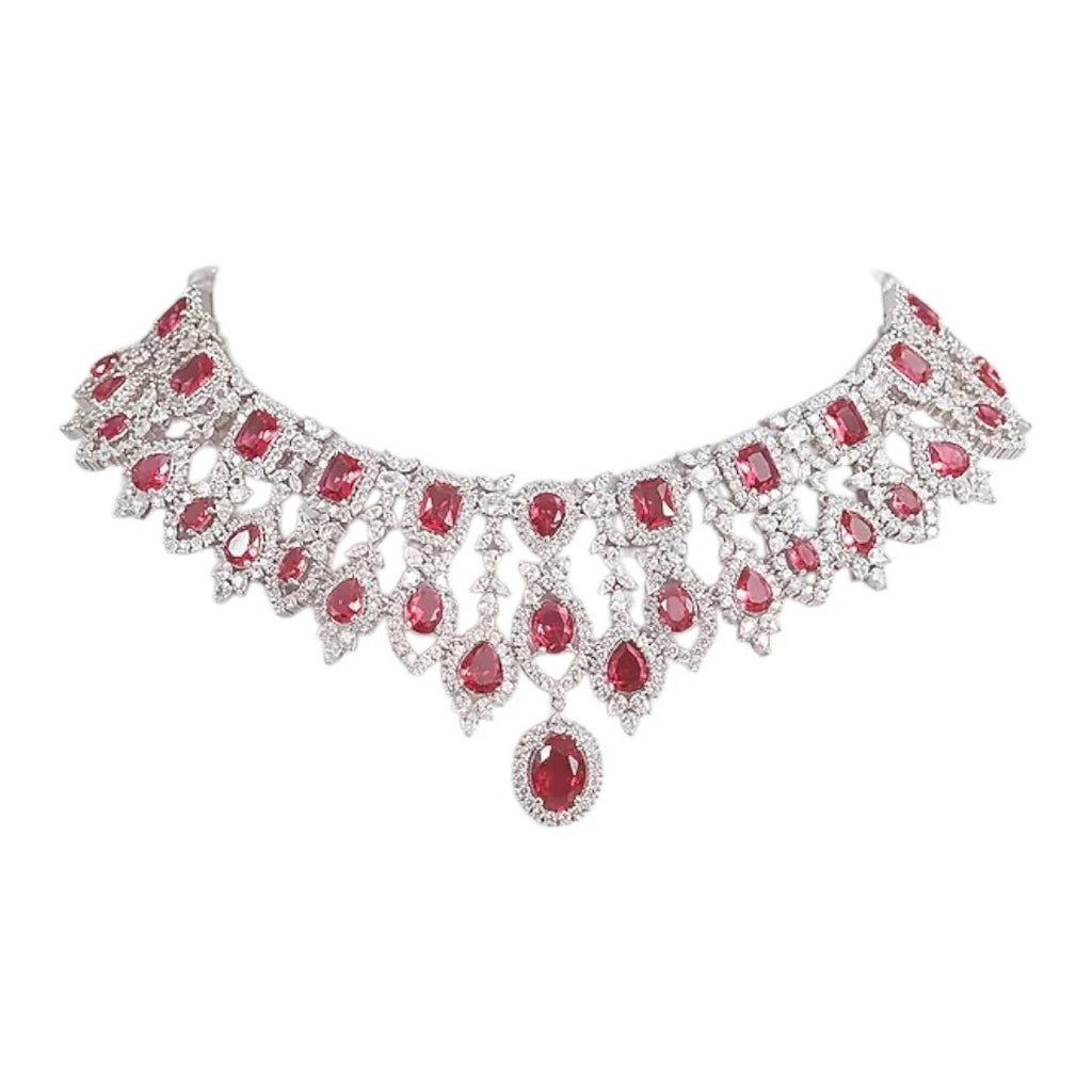 Auraa Kunad Luxury Silver-Plated Choker Necklace Set with Ruby Red Stones