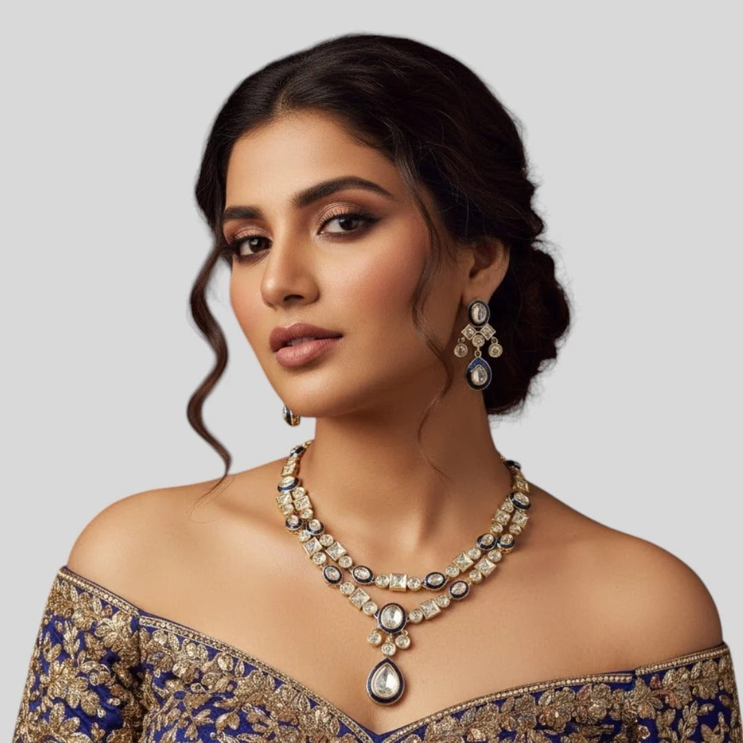 Traditional Blue Kundan Necklace & Earrings Set