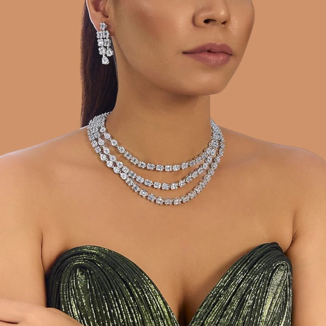 Elegant Silver-Tone Layered Diamond Necklace Set with Drop Earrings for Women
