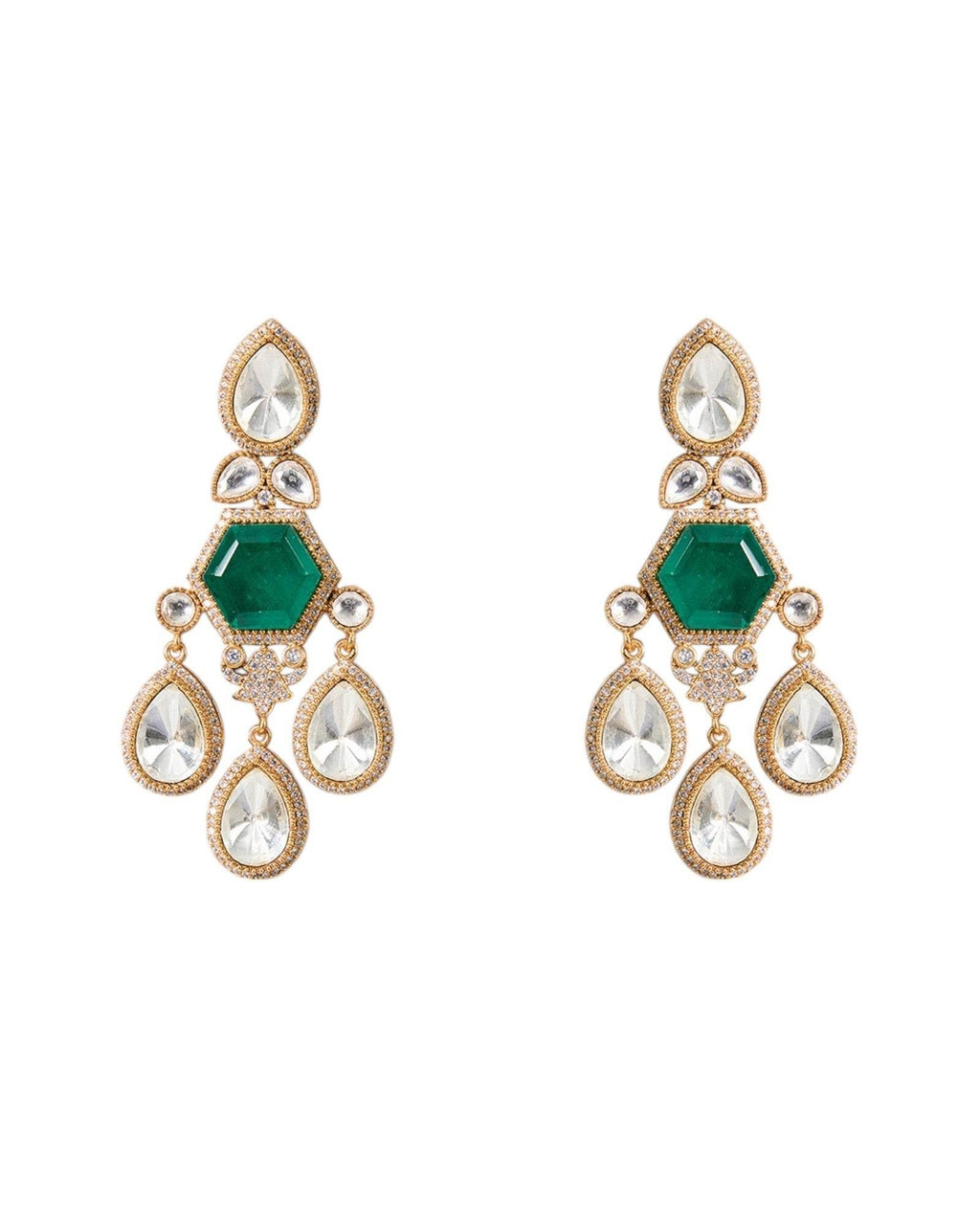 Pair of gold and green earrings on a white background

