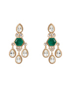 Pair of gold and green earrings on a white background

