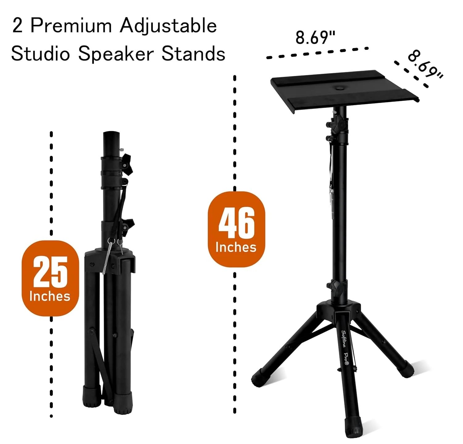Softline Pro Heavy Duty Tripod Studio Monitor Stand Adjustable Height Foldable Tripod Legs Non-Slip Rubber Pads Foldable Monitor Speaker Stands - Pair