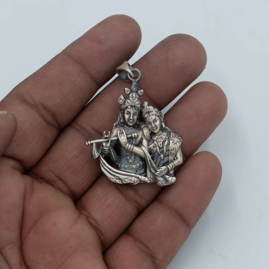 925 Sterling Silver Radha Krishna Divine Pendant with Chain |Ethnic Silver Necklace Only Pendant