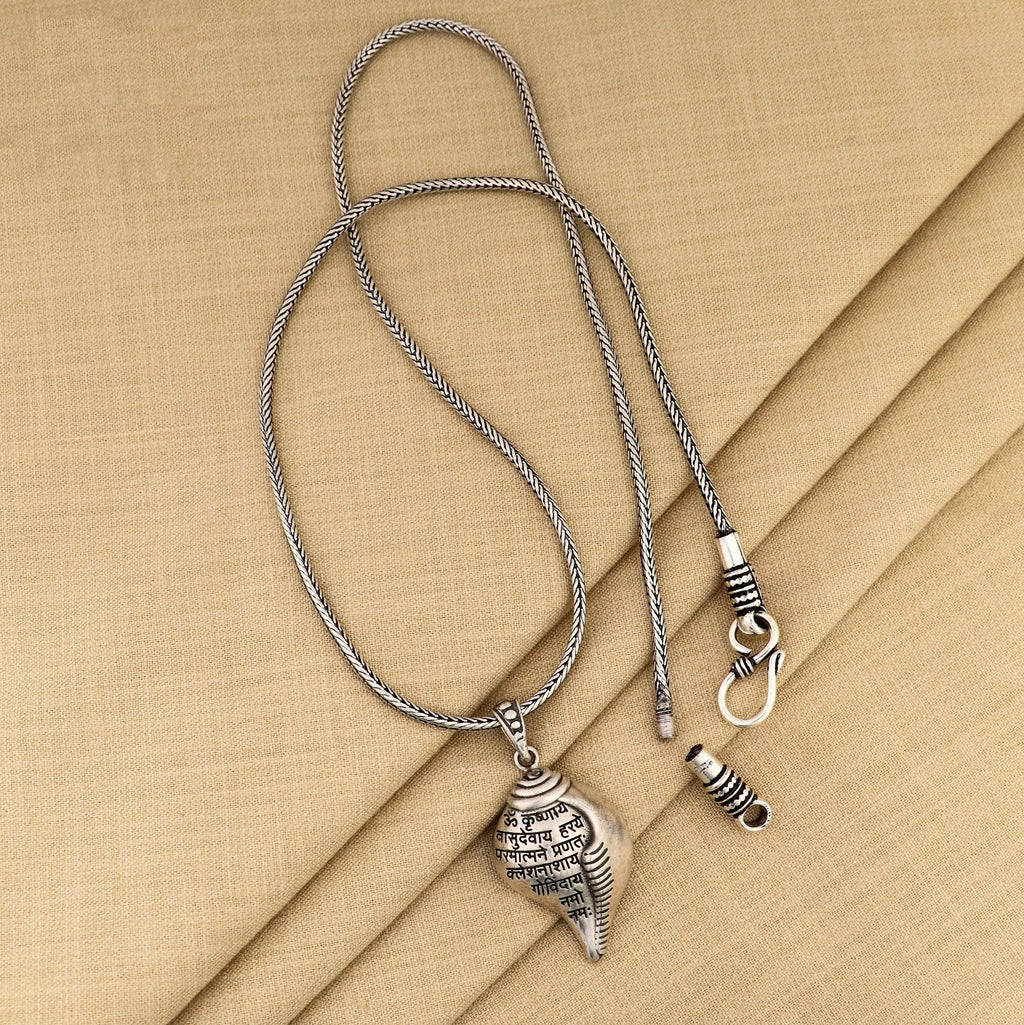 925 Sterling Silver Lord Krishna Mantra Shankha Pendant | Ethnic Silver Necklace for Men & Women