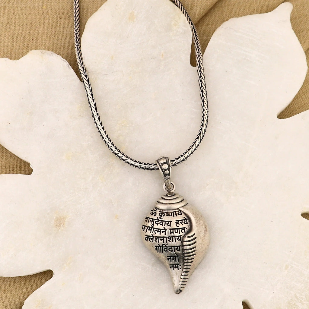 925 Sterling Silver Lord Krishna Mantra Shankha Pendant | Ethnic Silver Necklace for Men & Women