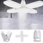 Ceiling fan with light fixture and its components on a gray background